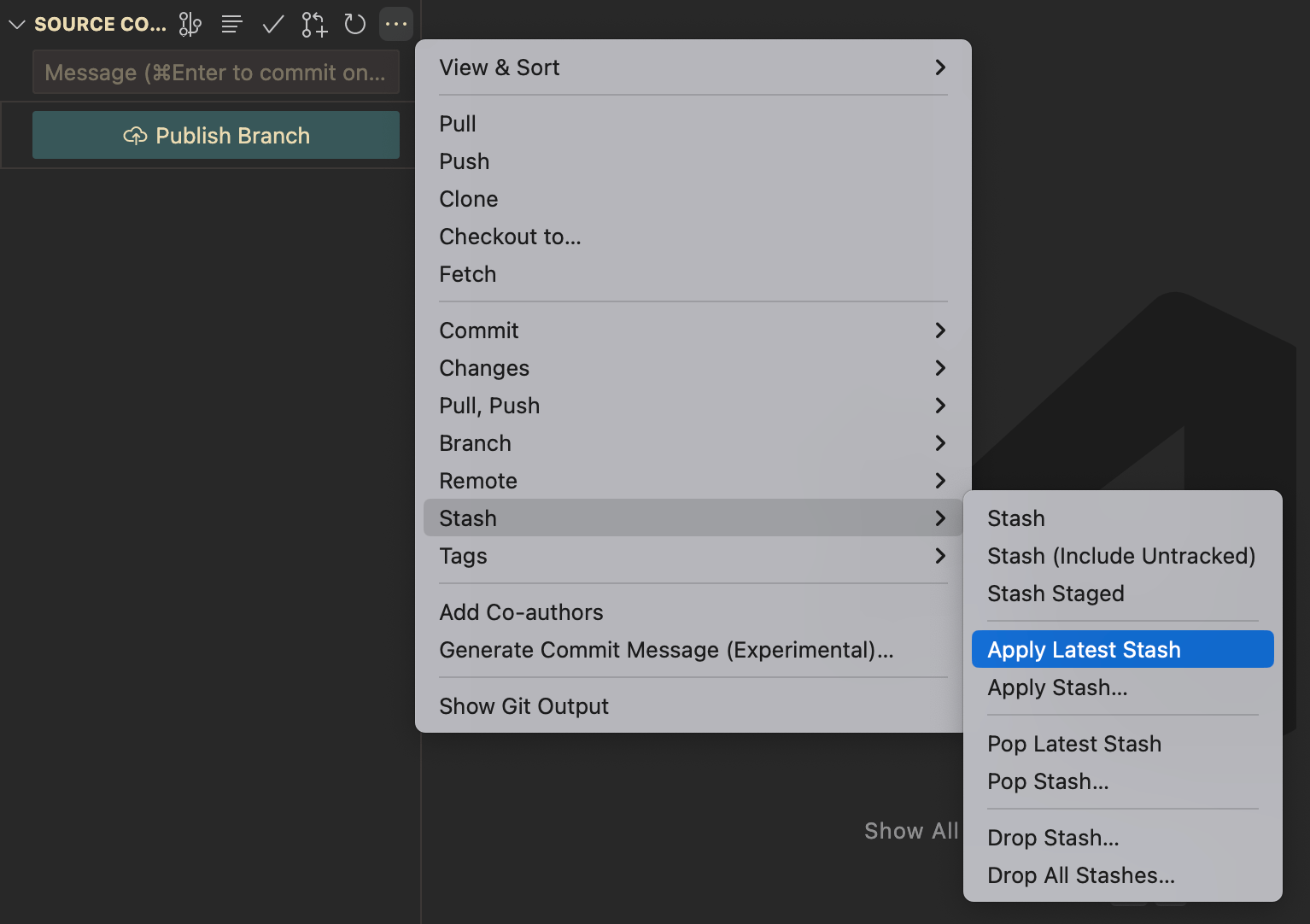 Stashing changes locally using VS Code