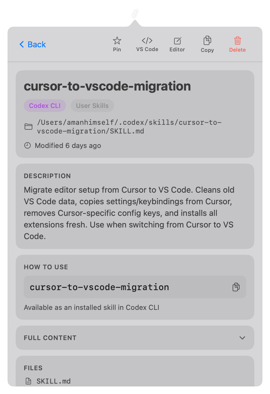 Codex CLI skill for cursor to vscode migration