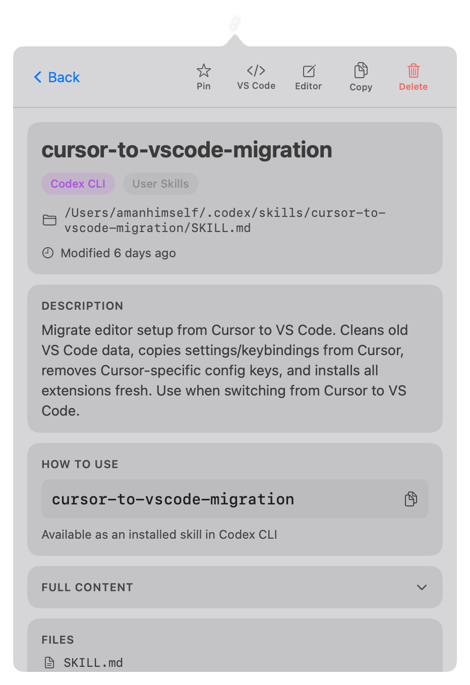 Codex CLI skill for cursor to vscode migration