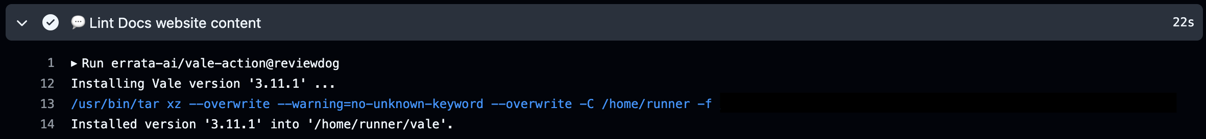 GitHub Actions Vale job log.