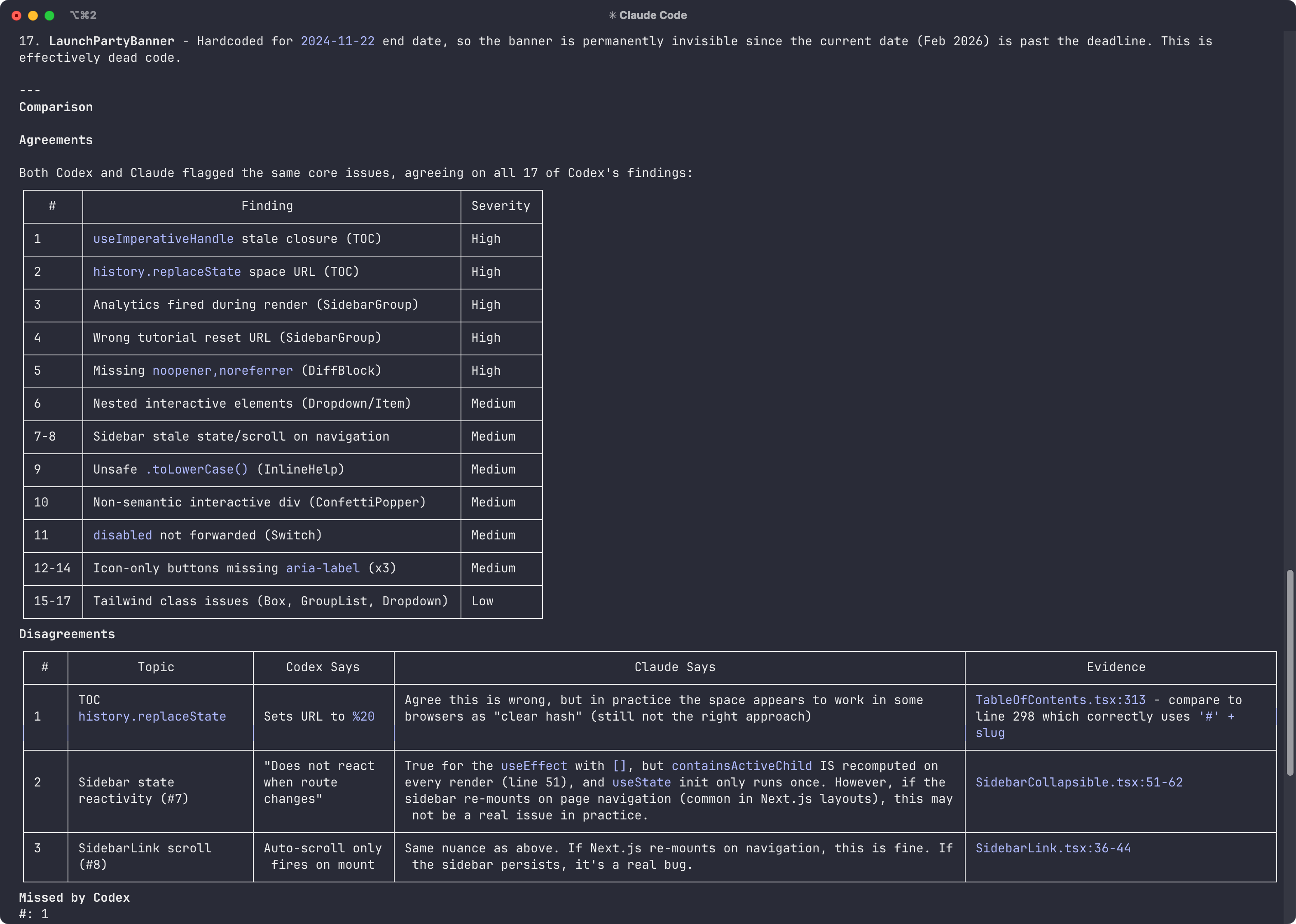 Claude Code showing the code review results from Codex and its own analysis