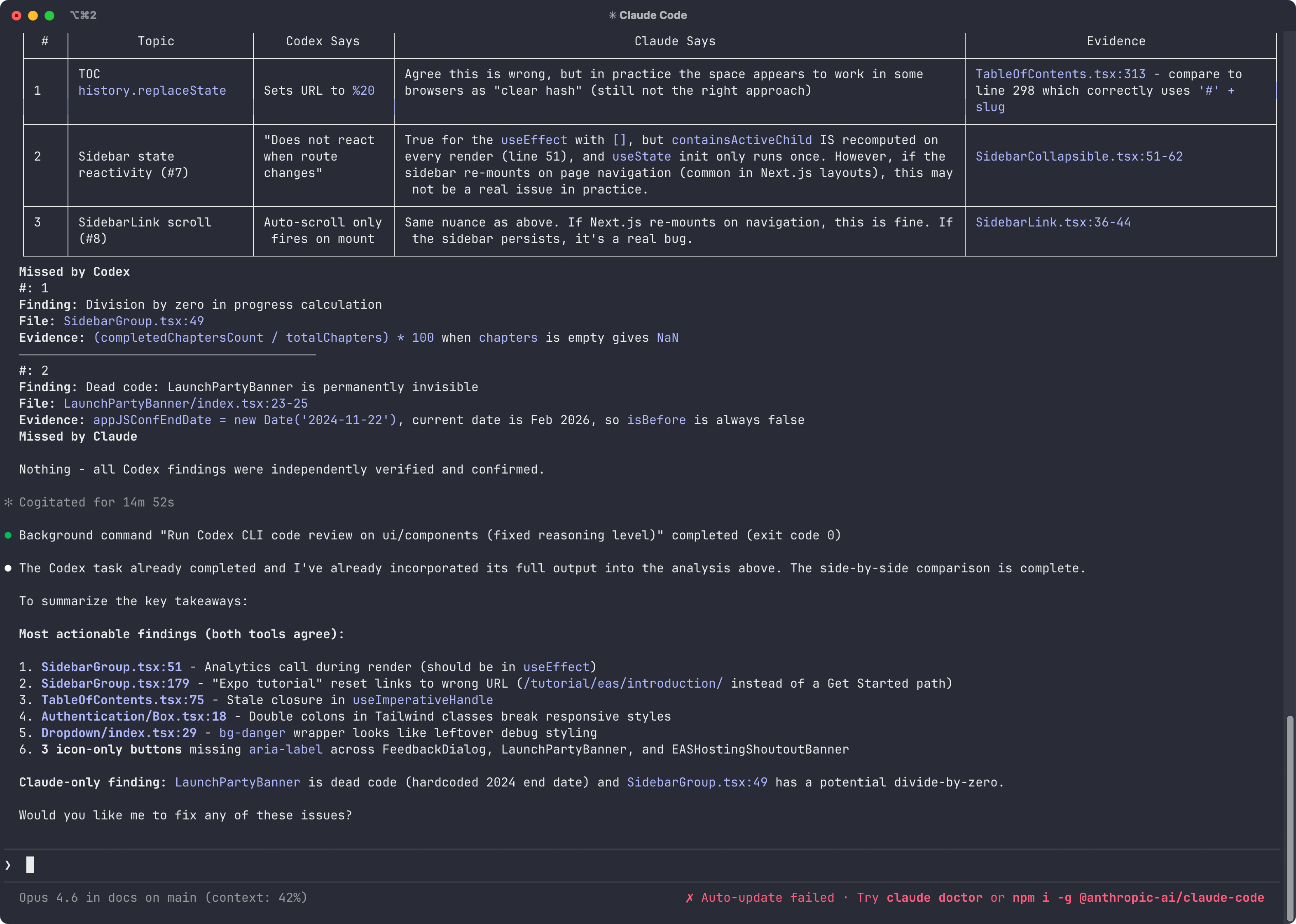 Claude Code showing the comparison table between Codex's code review and its own analysis