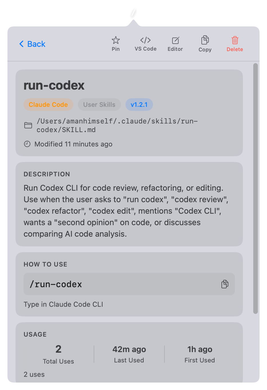SkillsBar app showing the run-codex skill's detail in macOS menu
