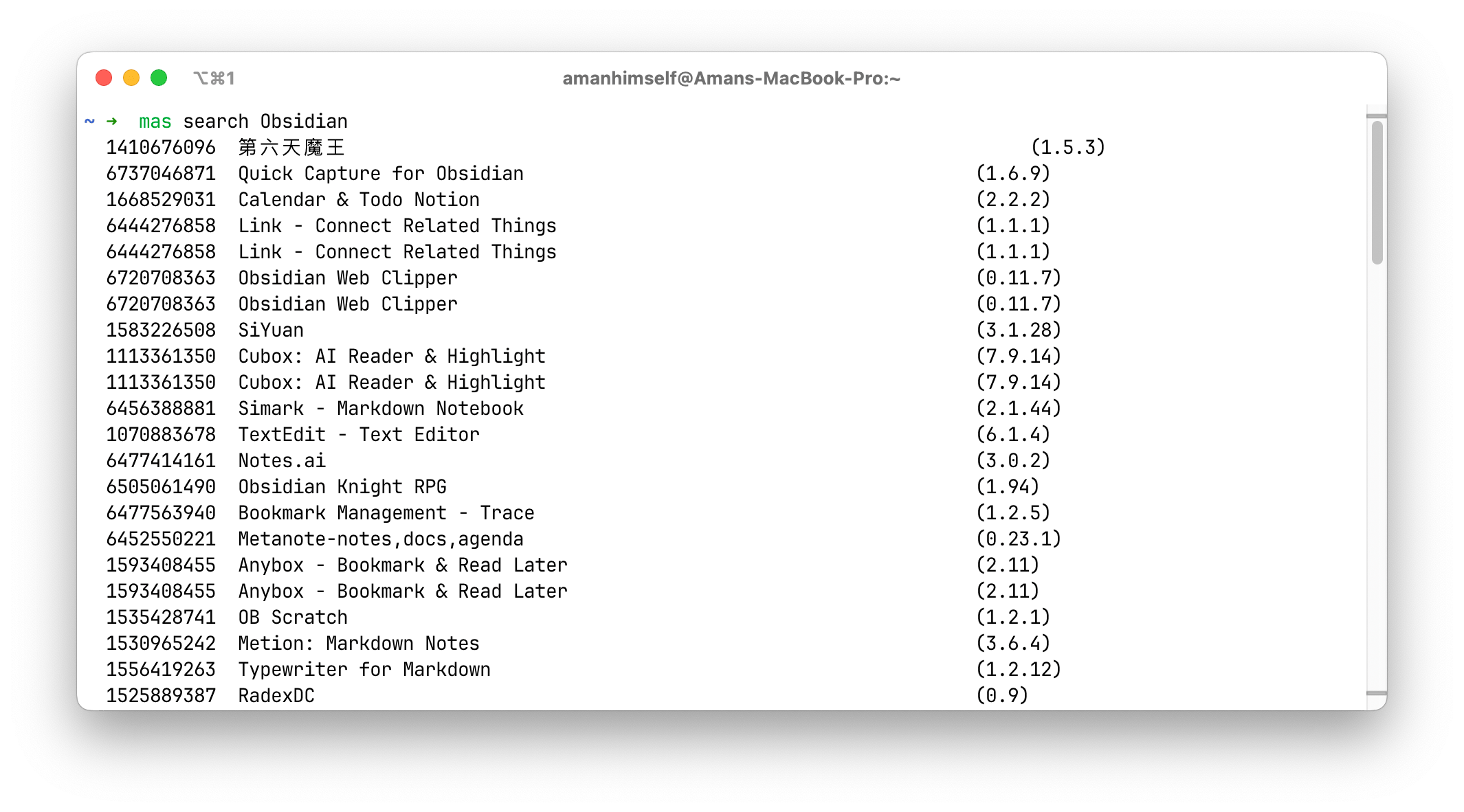 Using mas search command in terminal app.