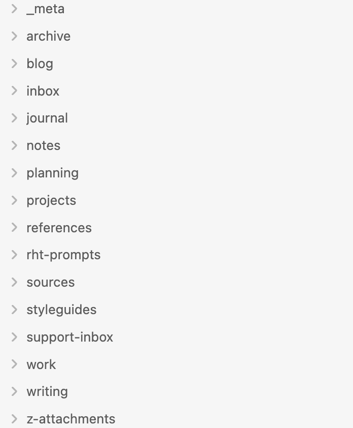 Obsidian file explorer showing folders sorted alphabetically