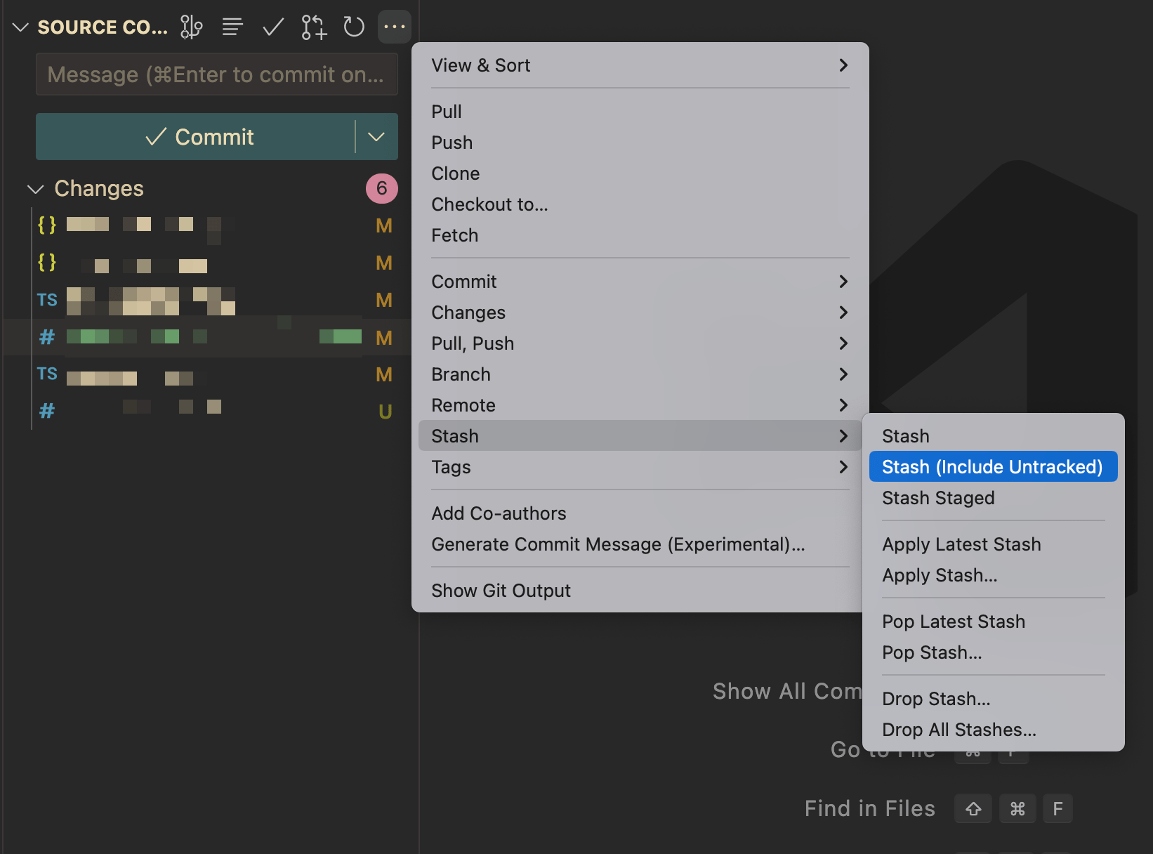 Stashing changes locally using VS Code