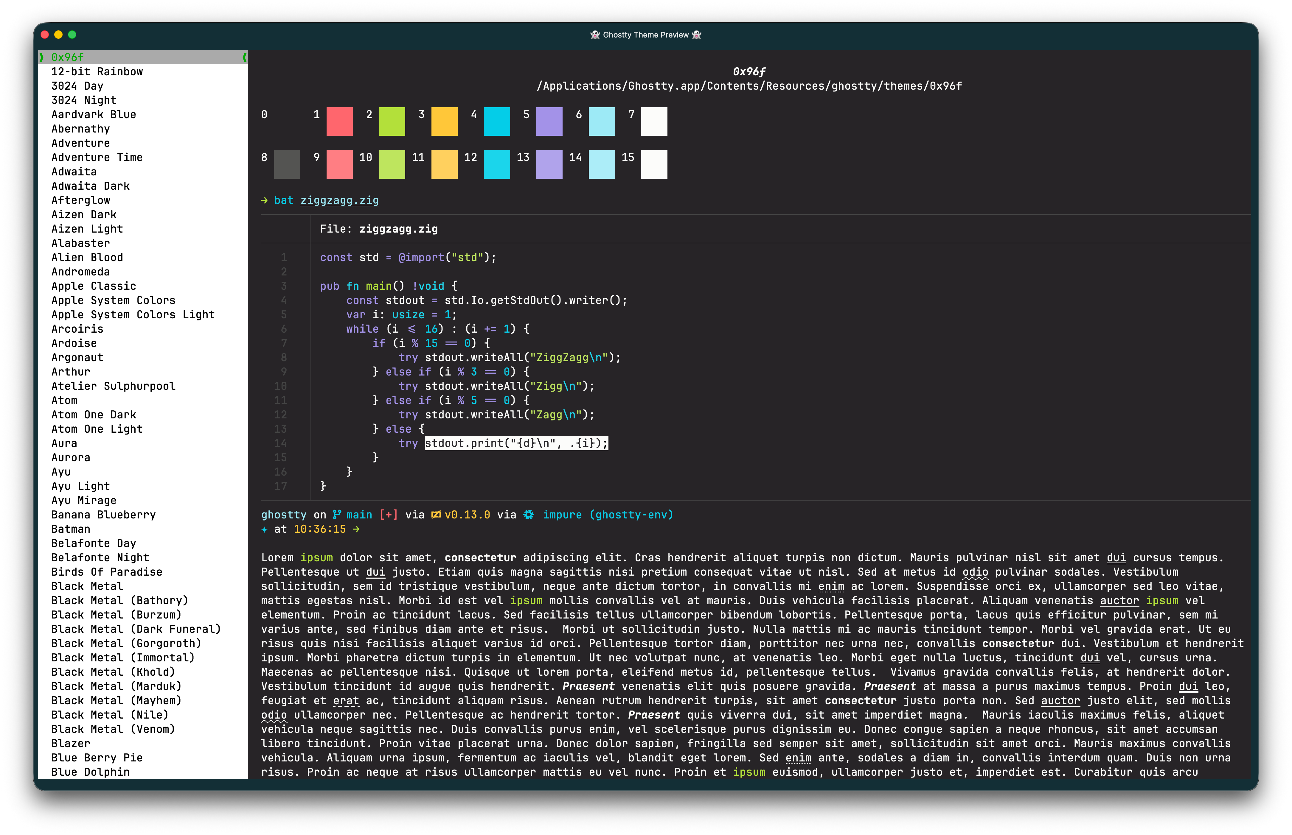 Output of the ghostty +list-themes command showing the built-in themes list