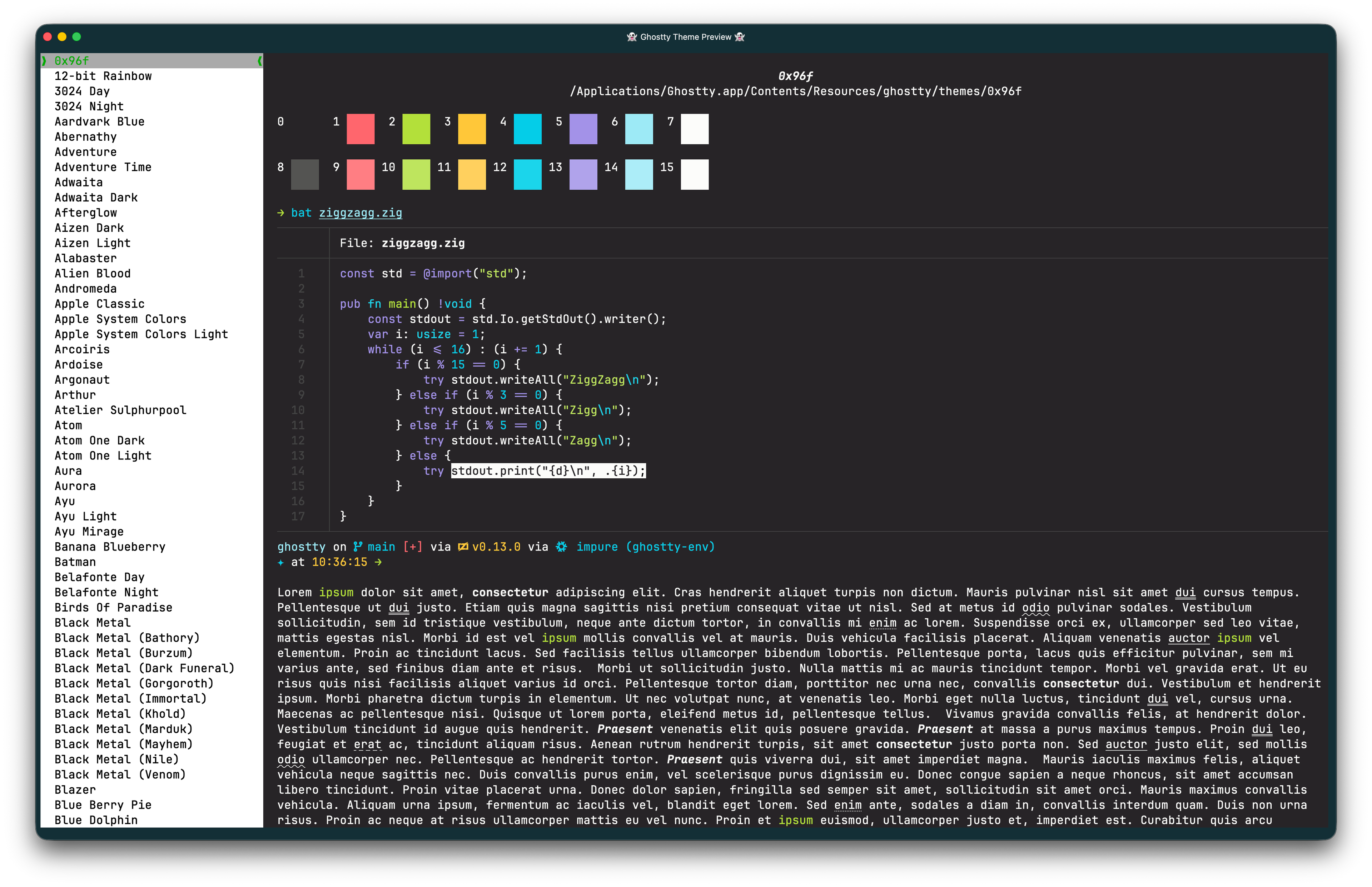 Output of the ghostty +list-themes command showing the built-in themes list