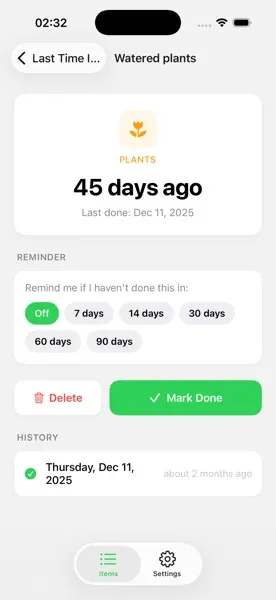 Item detail with reminder options