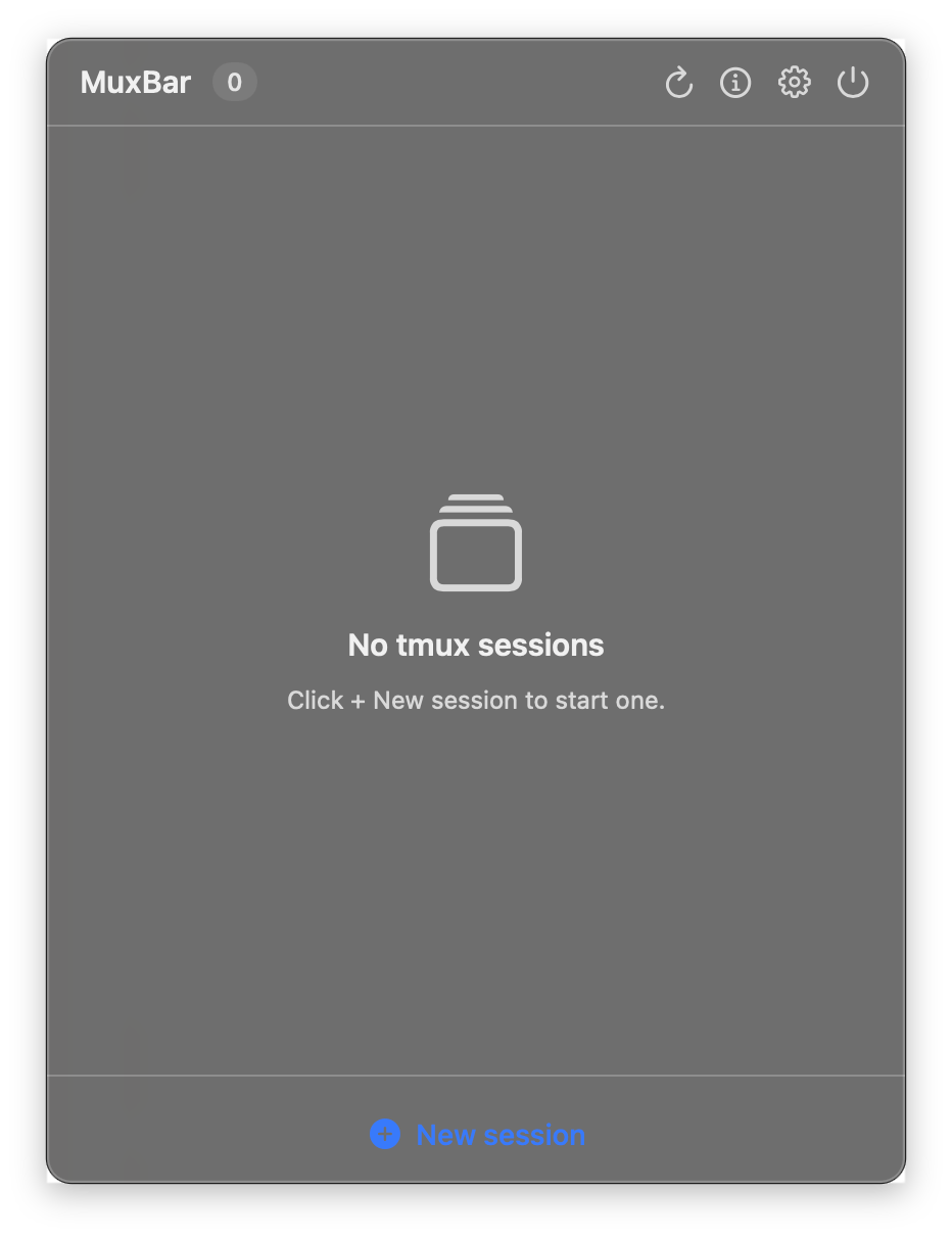 MuxBar panel showing running tmux sessions.