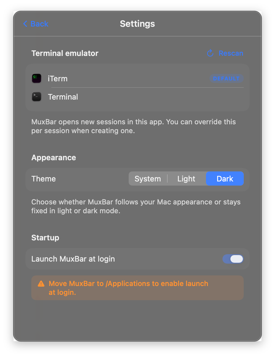 Settings with terminal picker and appearance