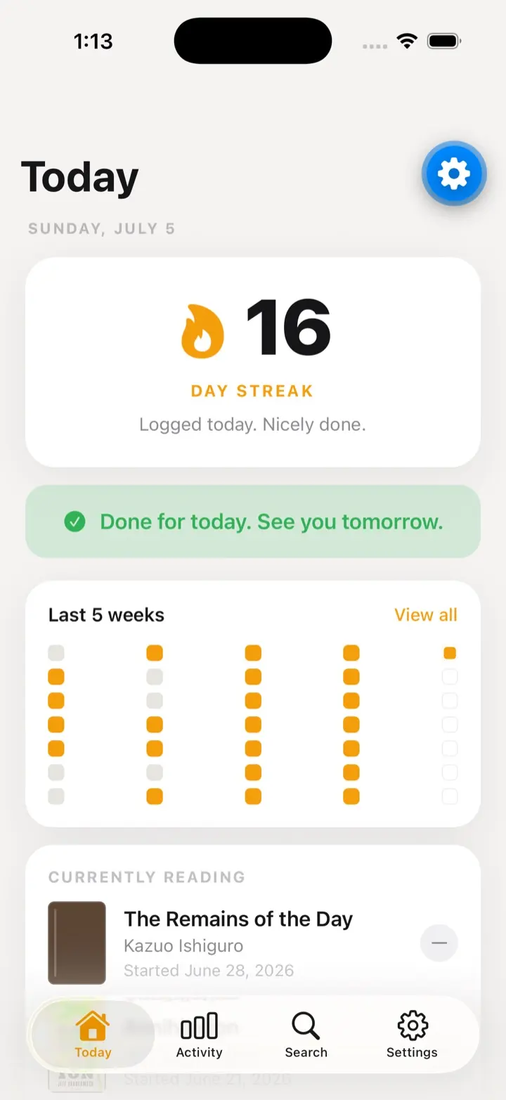 RHT Today screen showing a 16-day streak and the last five weeks.