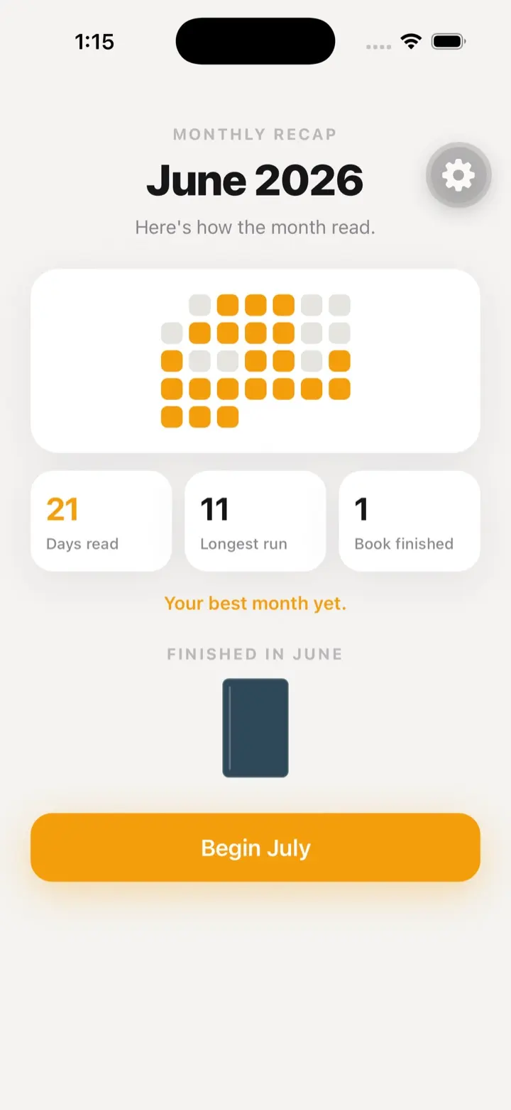 Monthly recap screen for June with days read, longest run, and a finished book