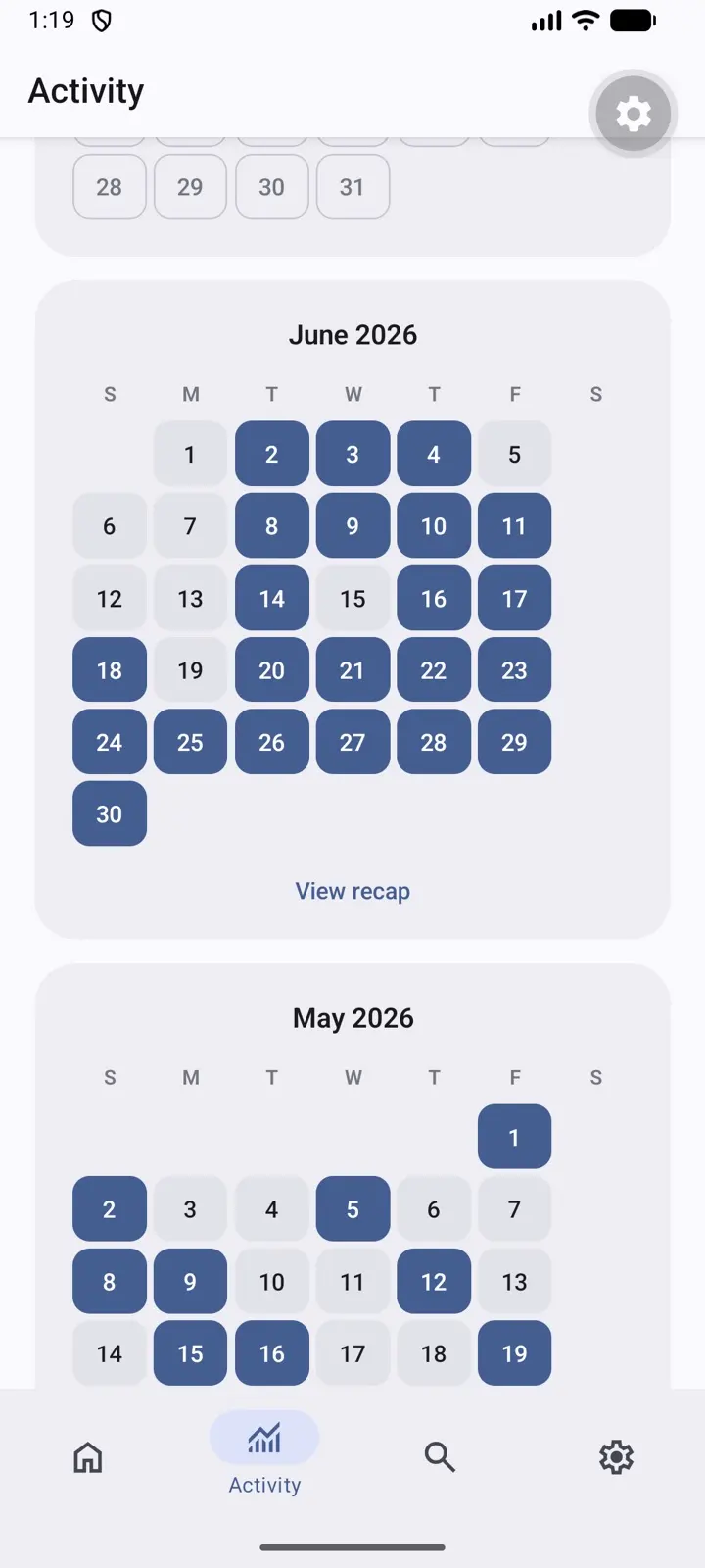 Month view on Android with a filled June grid