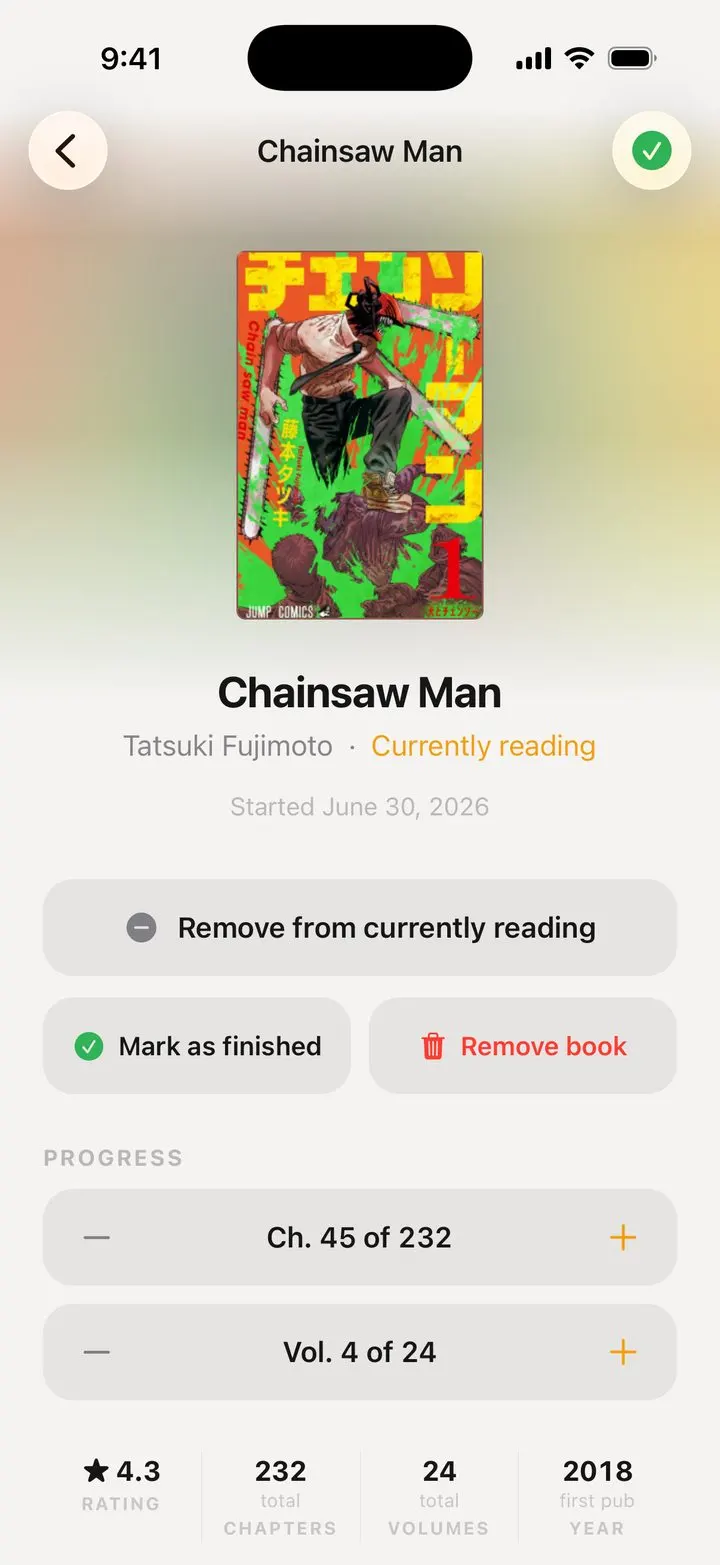 Manga detail on iOS with chapter and volume progress steppers
