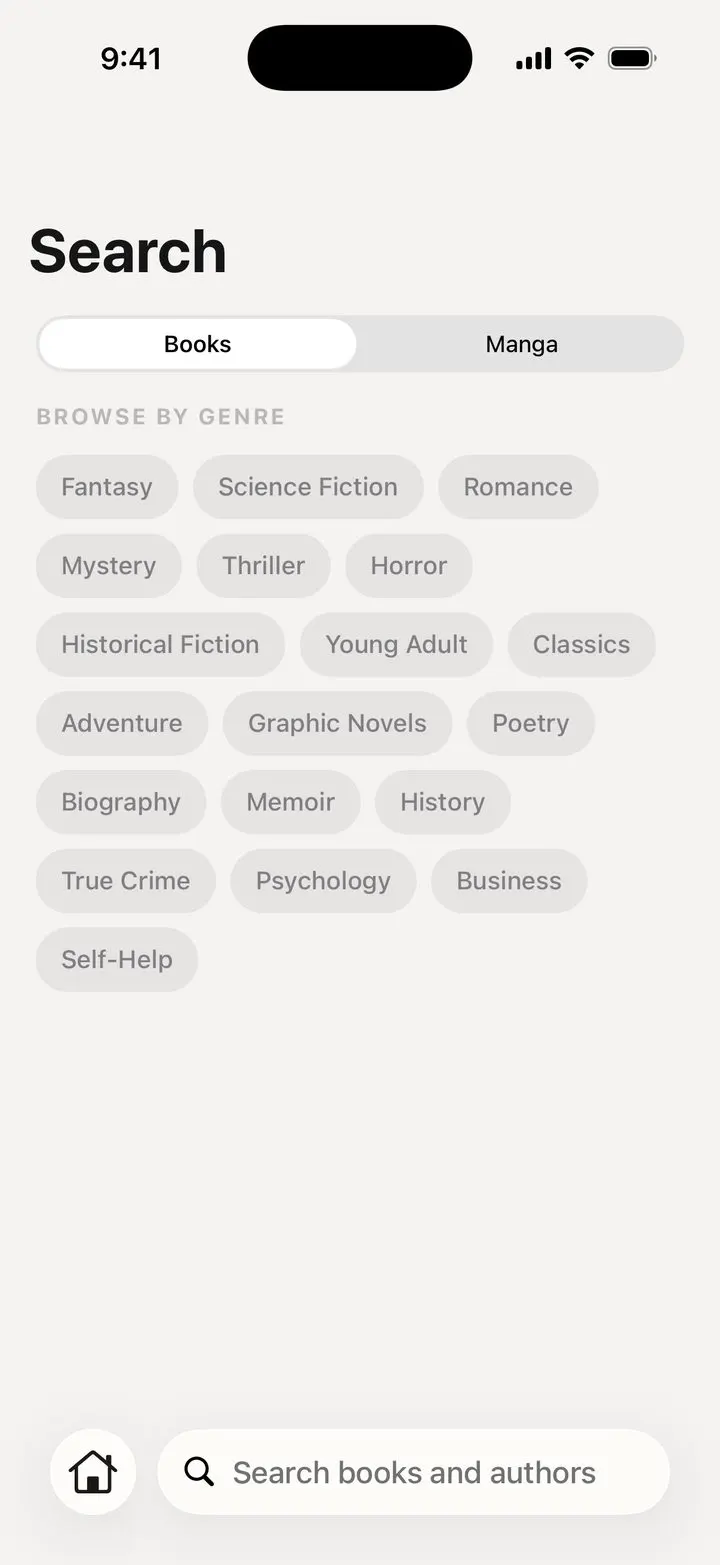 Search screen with a Books and Manga toggle and genre chips to browse