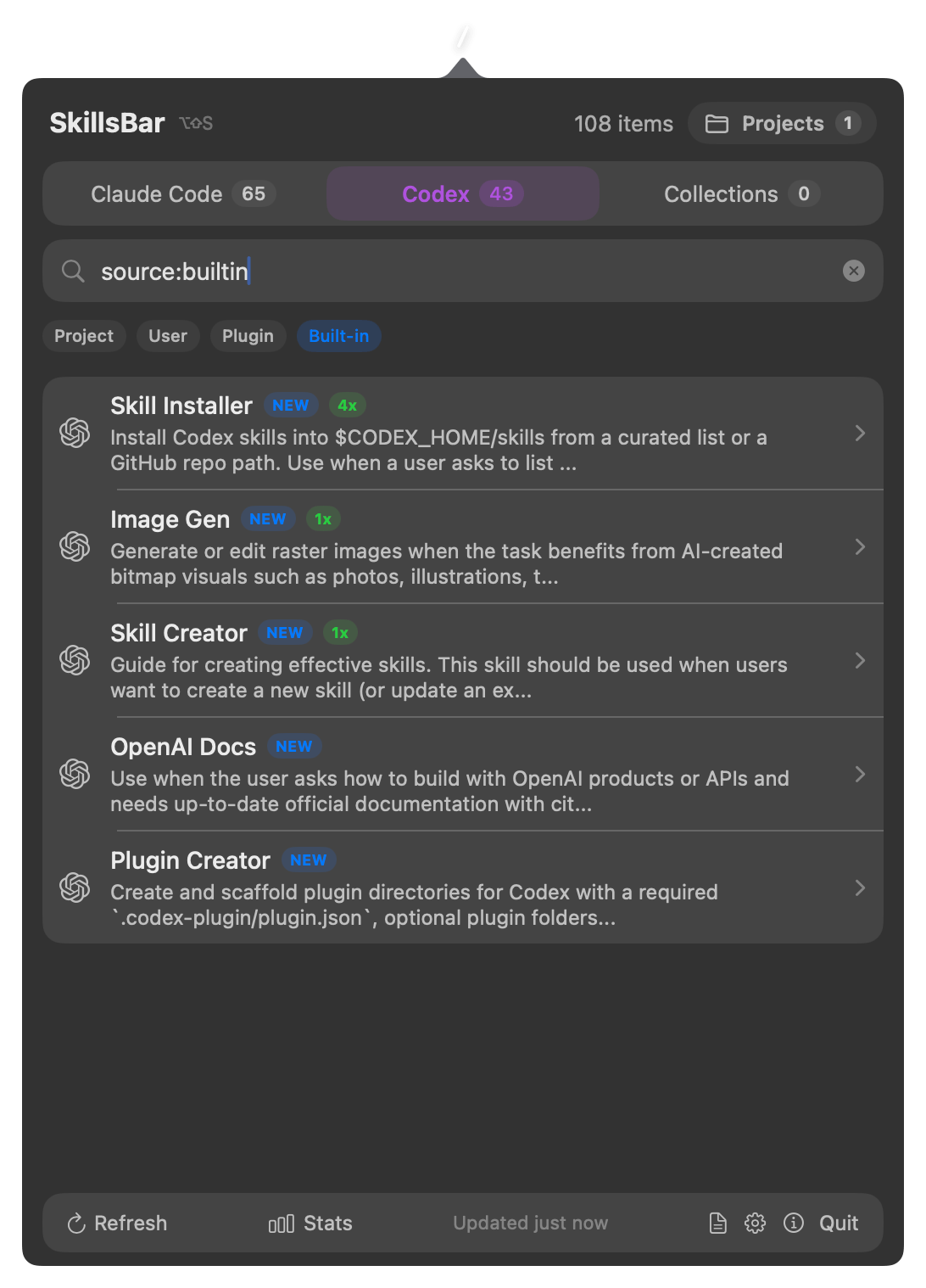 SkillsBar popover showing Codex built-in skills with source filters.