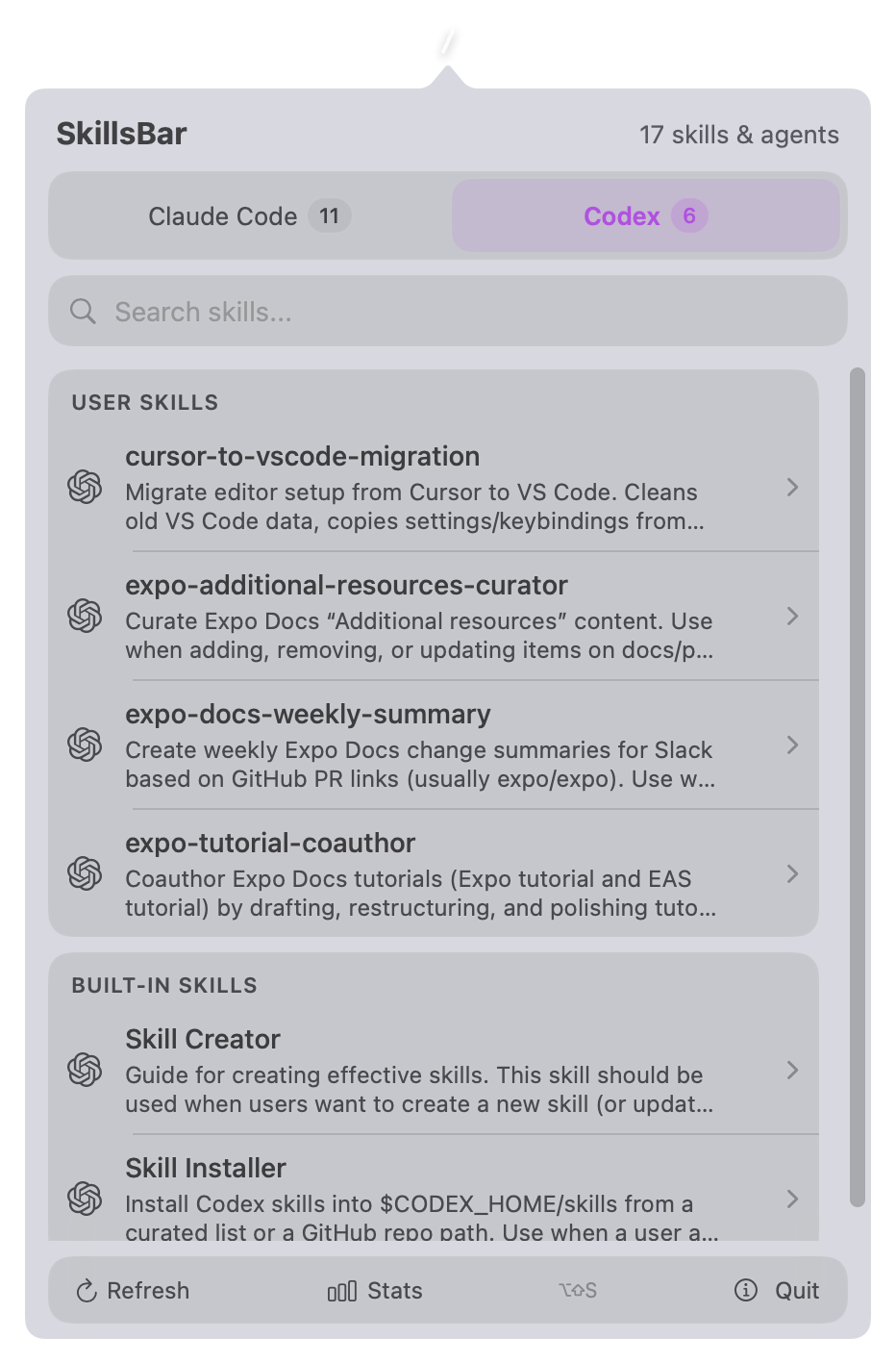 Codex CLI skills tab