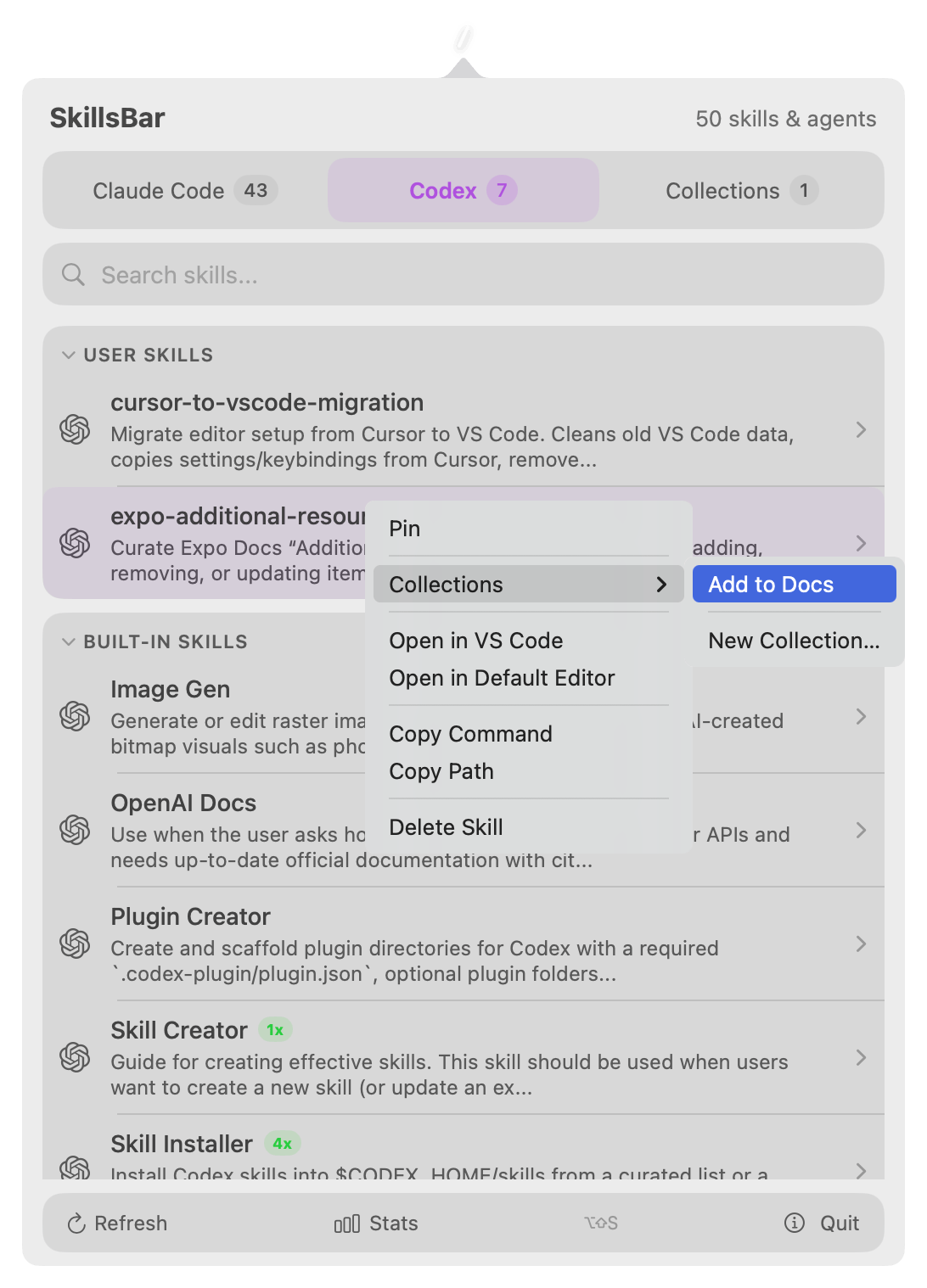 Collections tab showing a custom skill collection