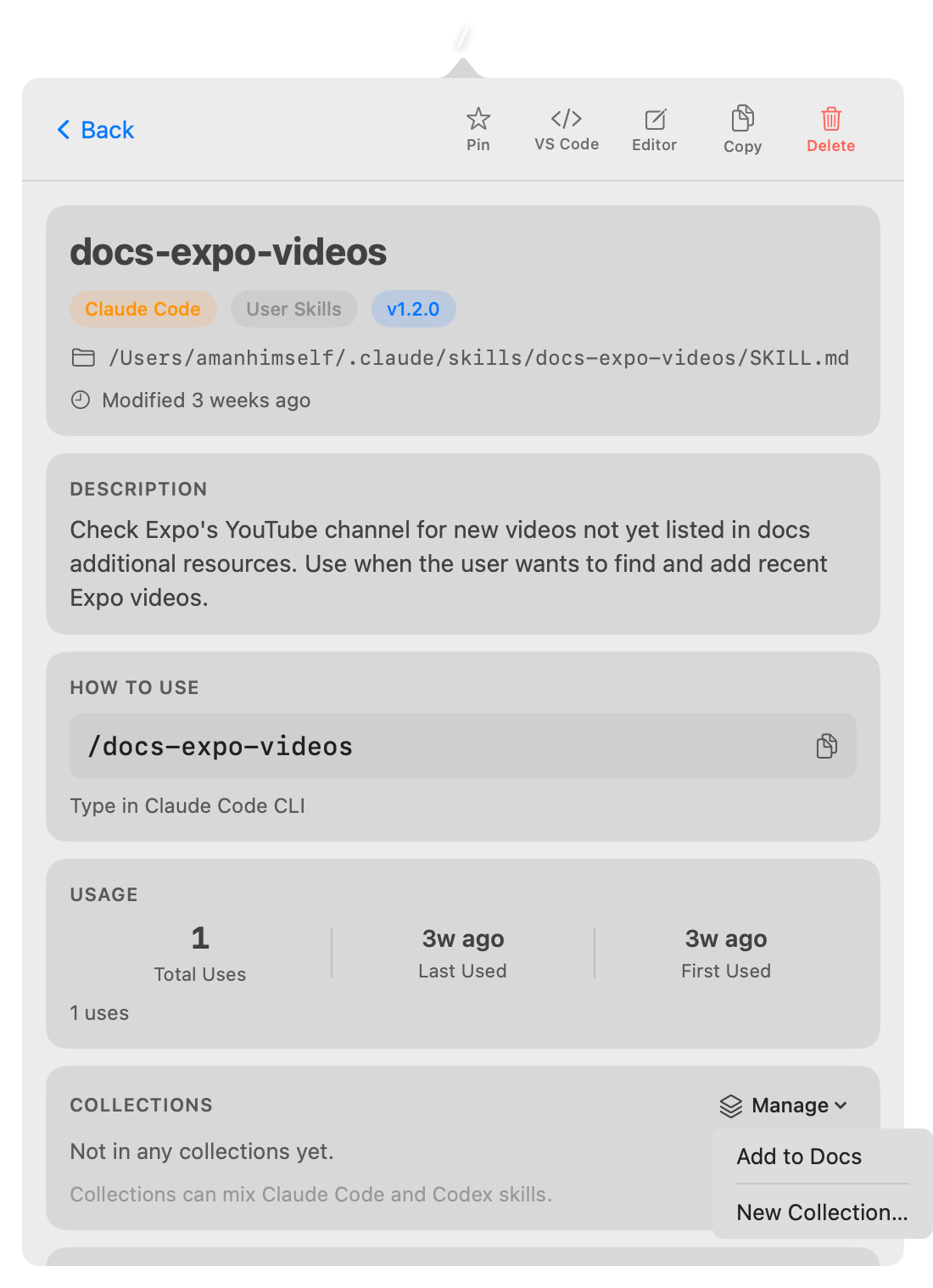 Collection view mixing Claude Code and Codex skills