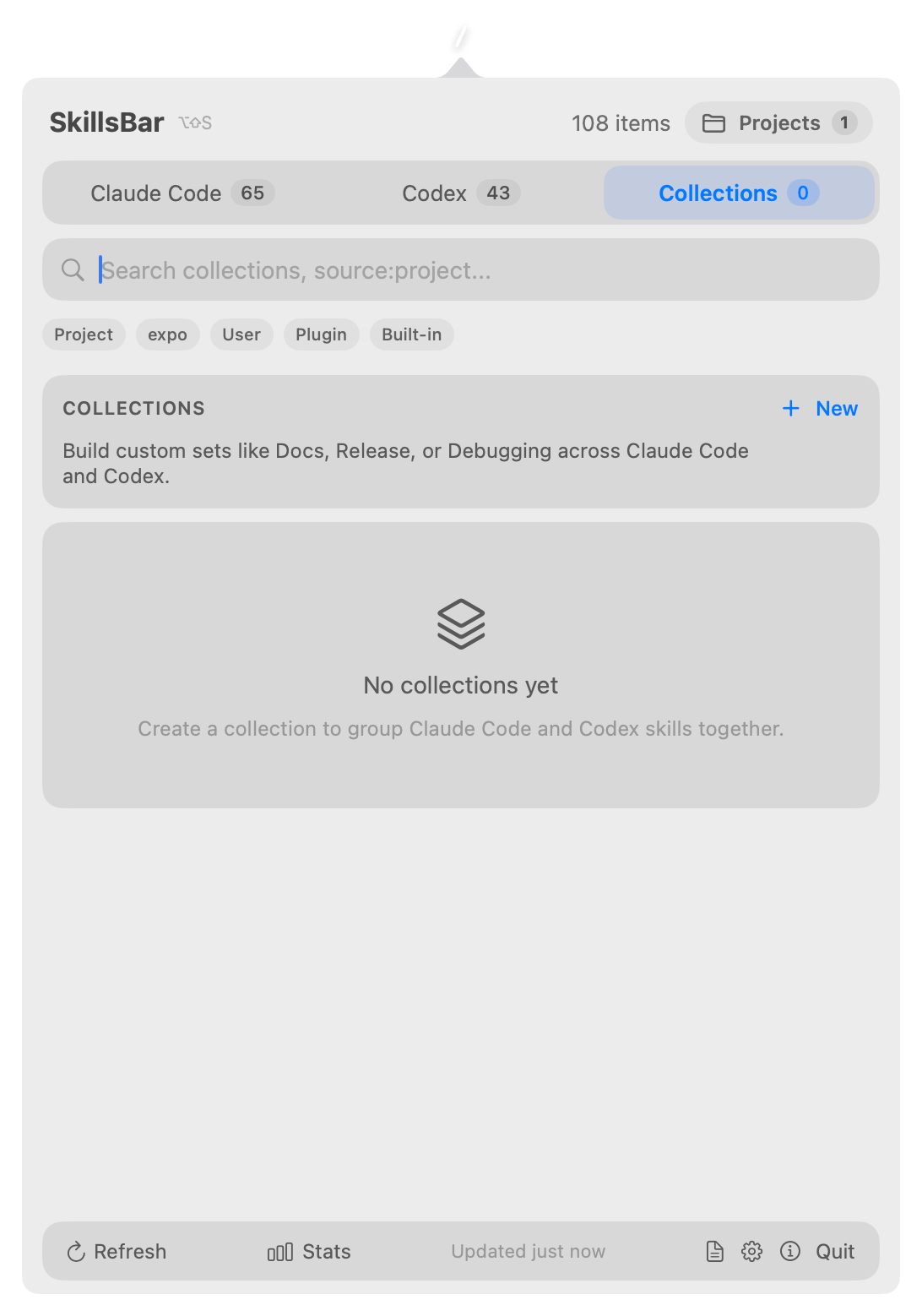 Collections tab with source filter chips