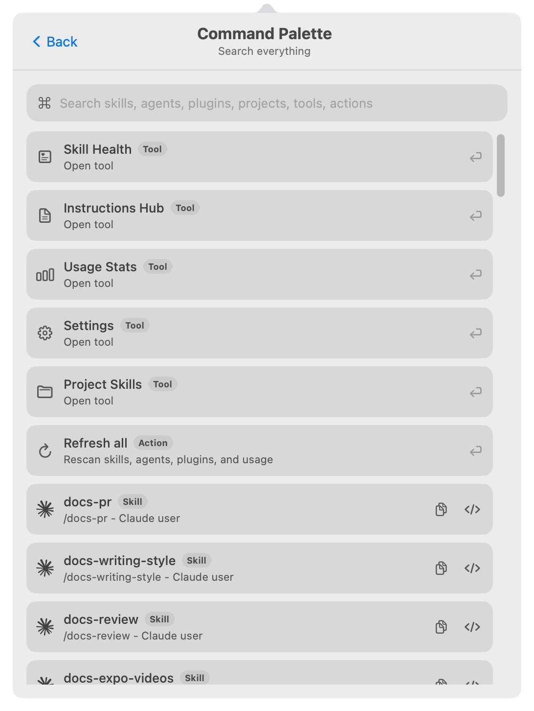 Command Palette searching skills, tools, and actions