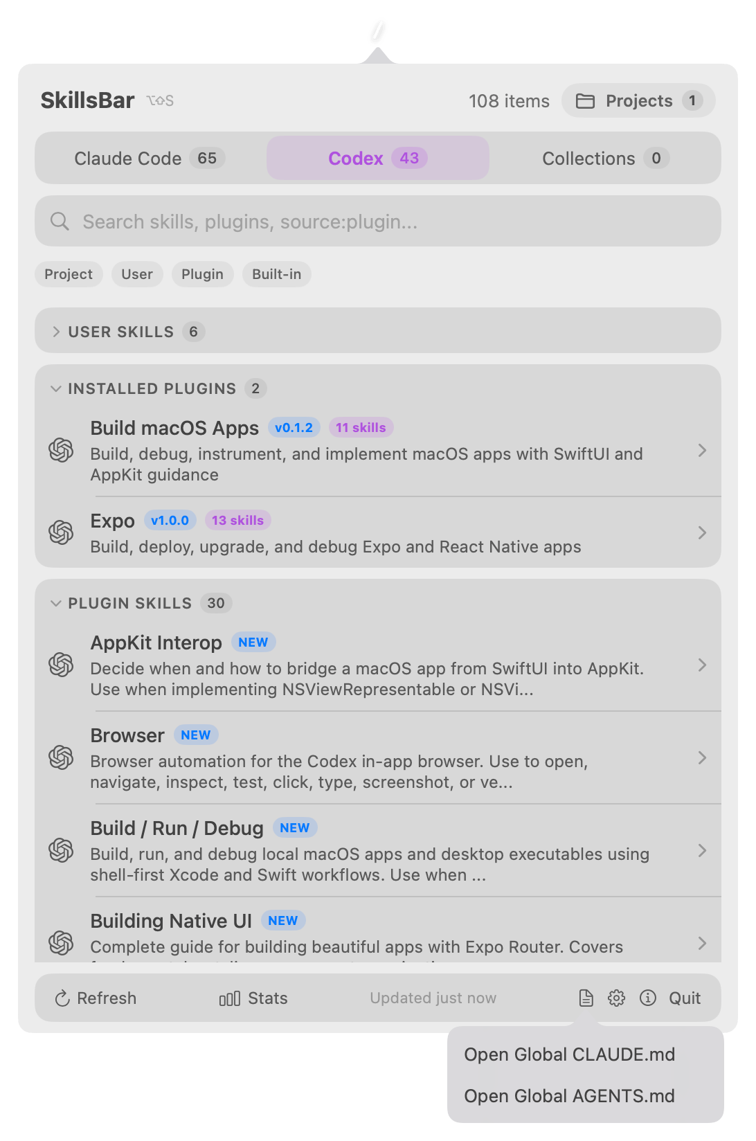 Global instructions menu