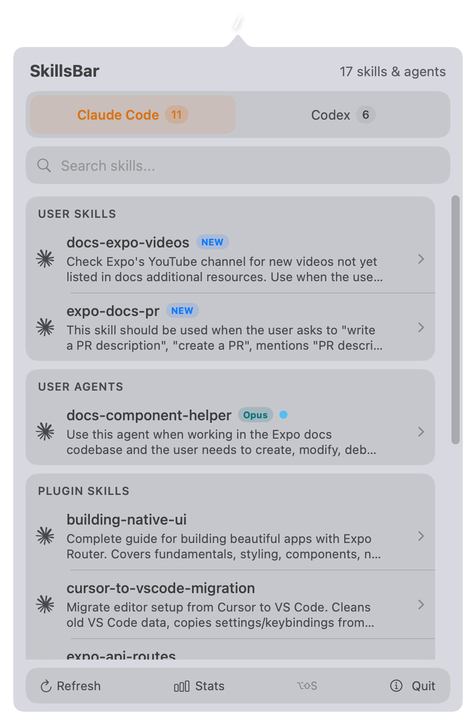 SkillsBar popover showing Claude Code skills and agents.