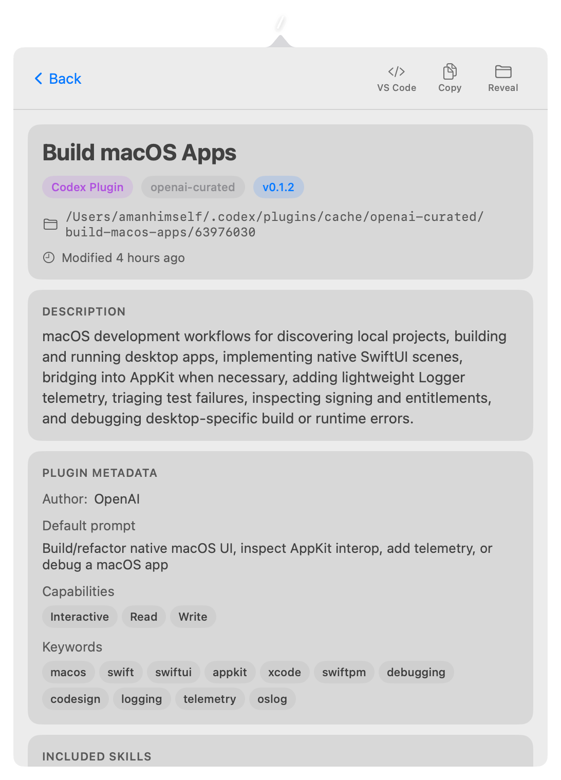Codex plugin detail with metadata and included skills