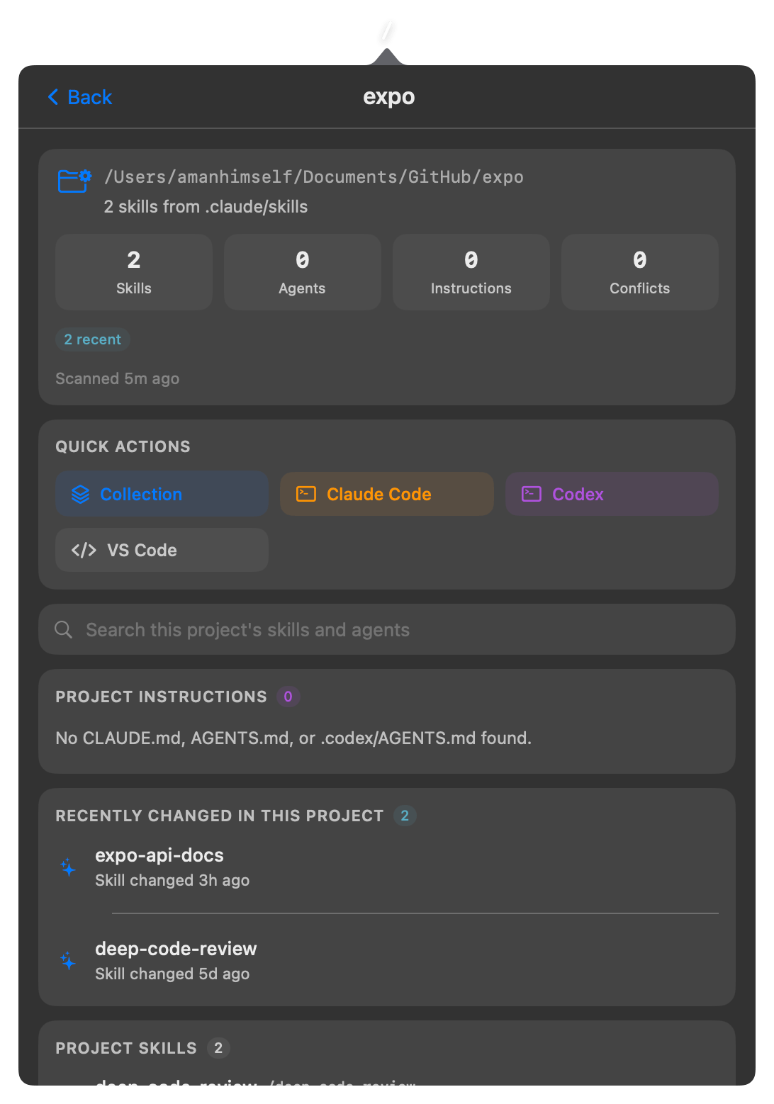 Project overview with quick actions and recent project skills