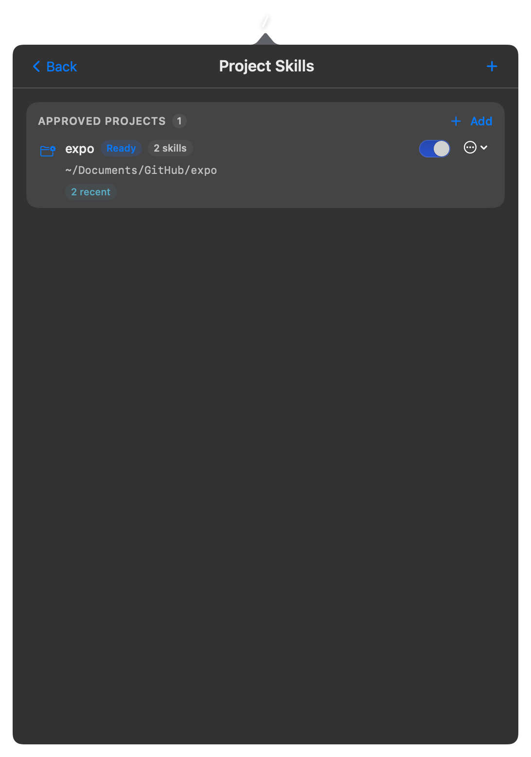 Project Skills screen with an approved local project