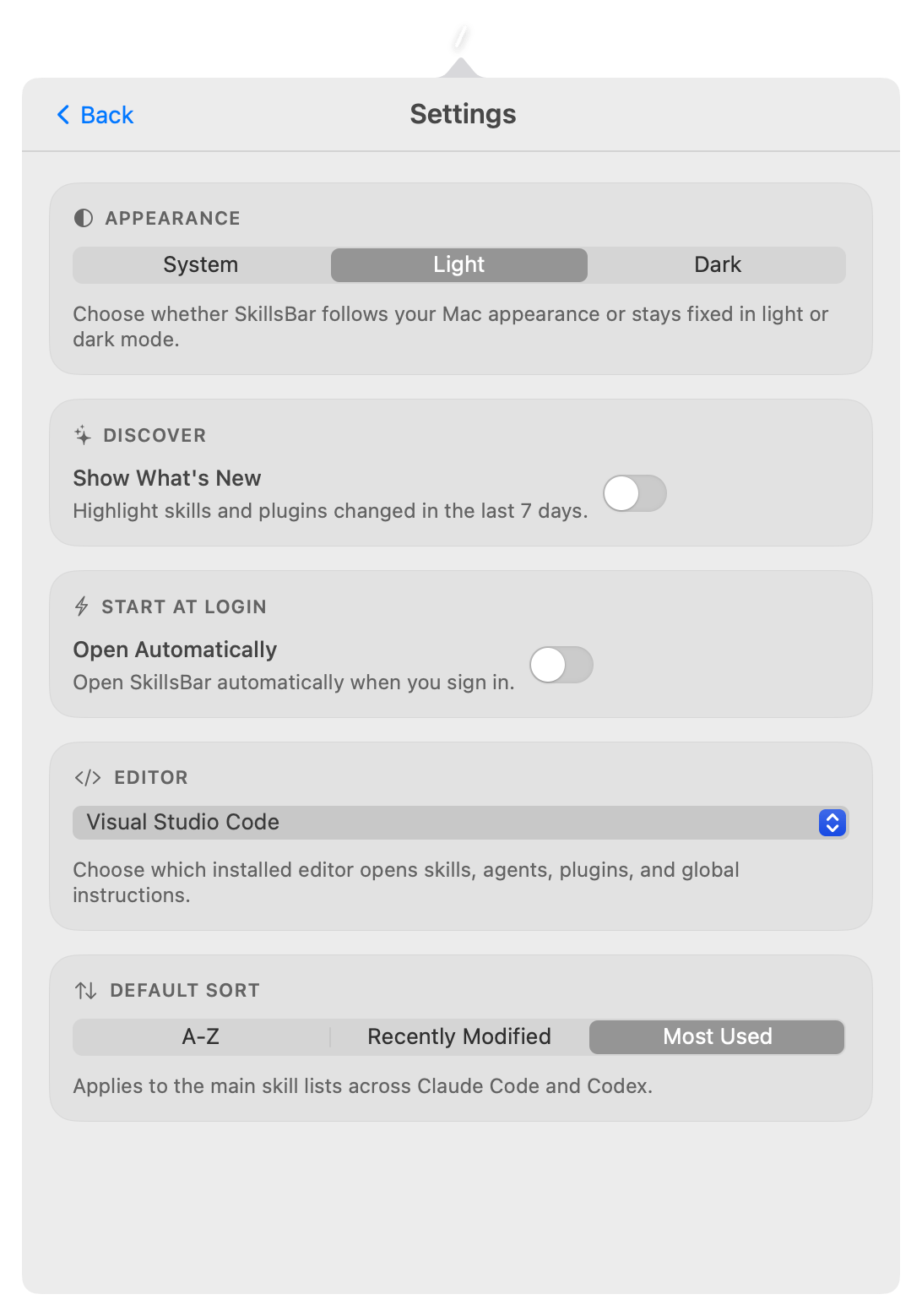 Settings view with appearance, editor, and sort controls