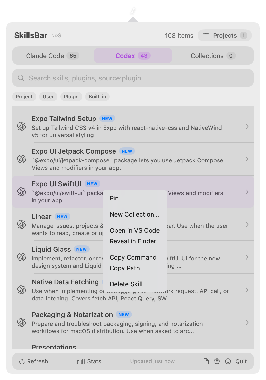 Right-click menu for a skill
