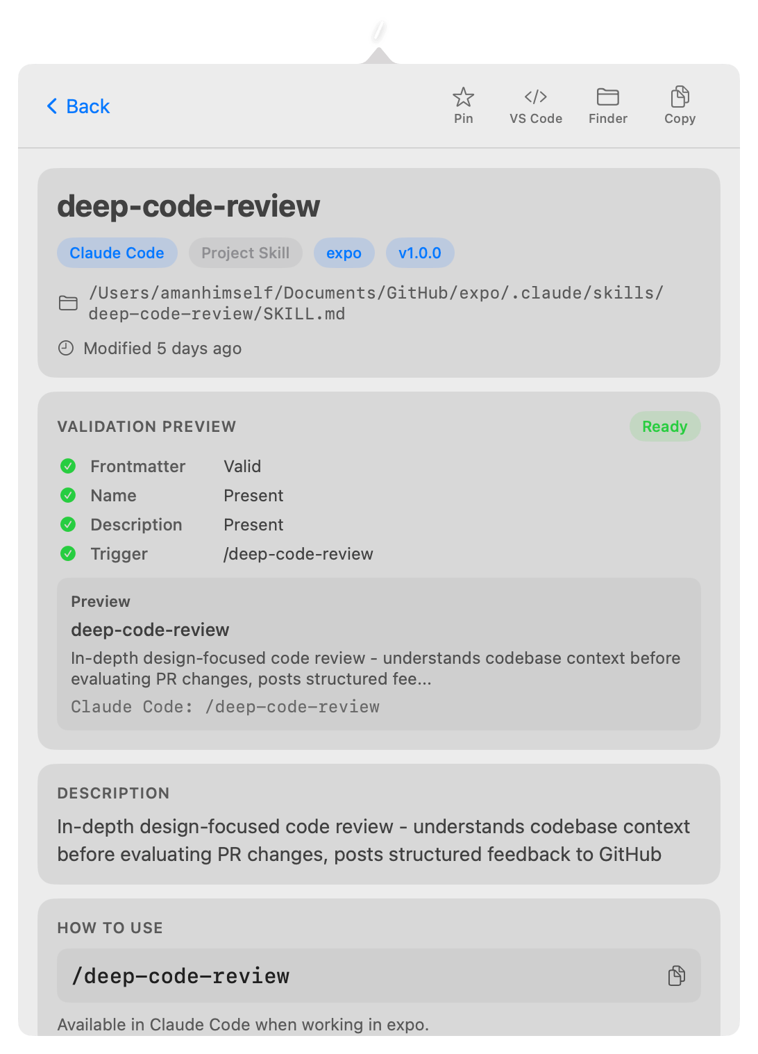 Project skill detail with validation preview and usage command