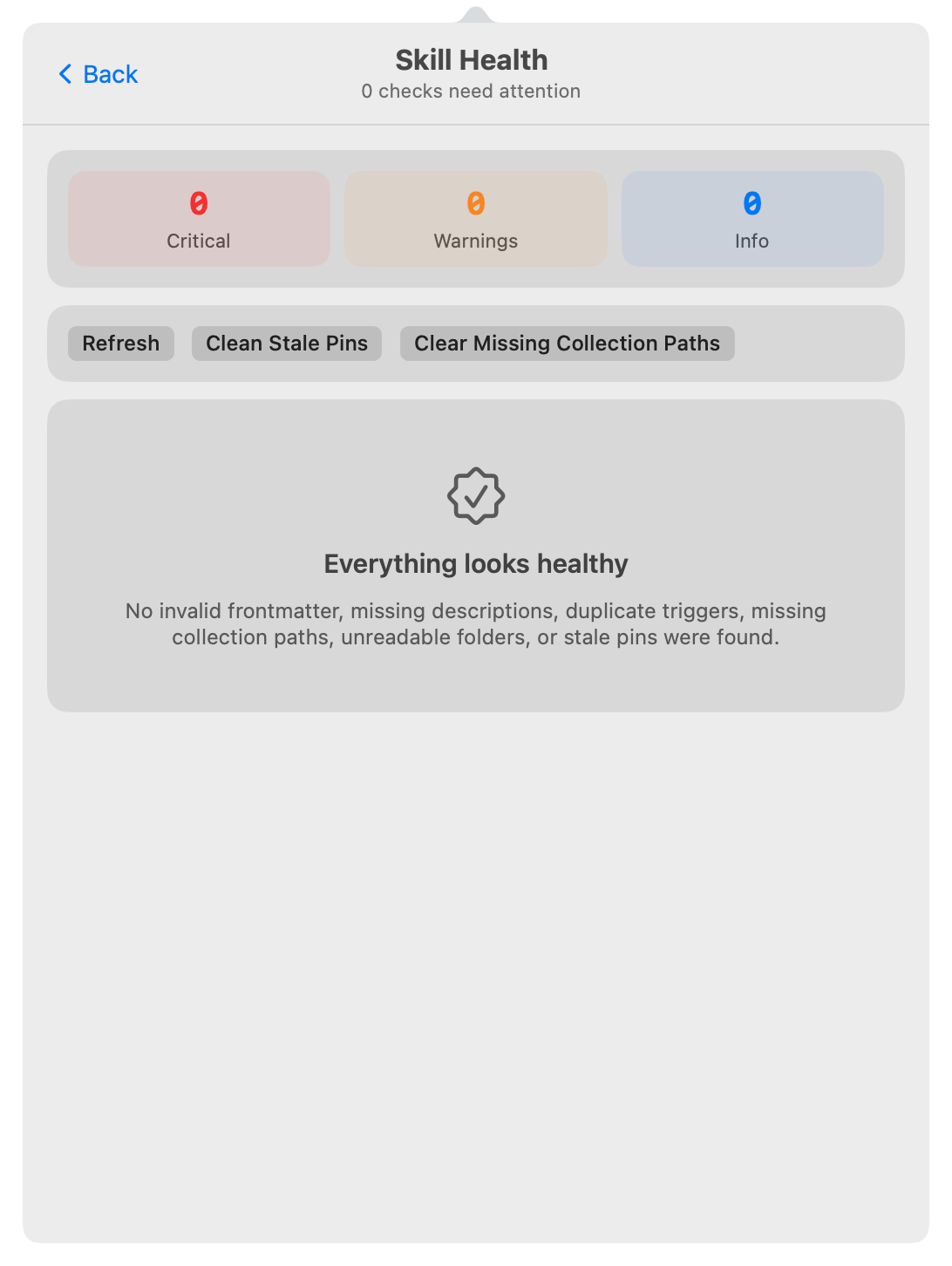 Skill Health checkup with severity metrics and cleanup actions